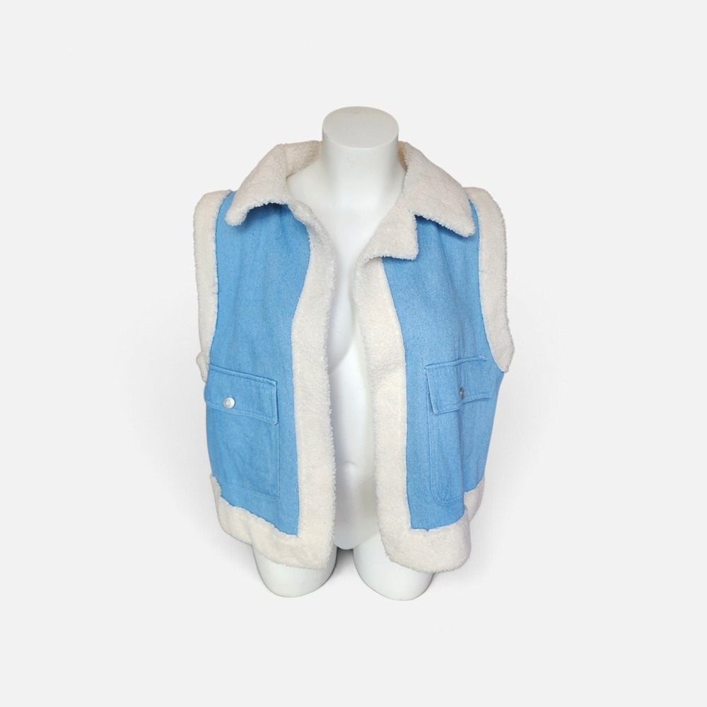 Spoon Jeans Denim Vest Womens 2X Faux Shearling Lined Blue Cotton Blend Y2K Boho